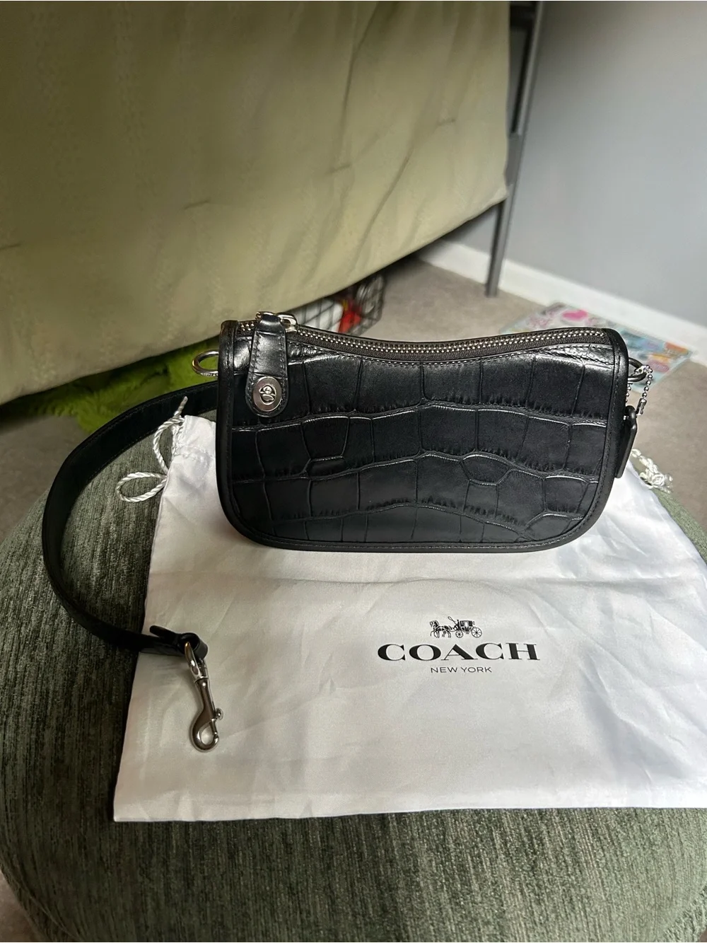 Coach Swinger Bag Black Croc-Embossed Mini Shoulder Bag with Silver Hardware